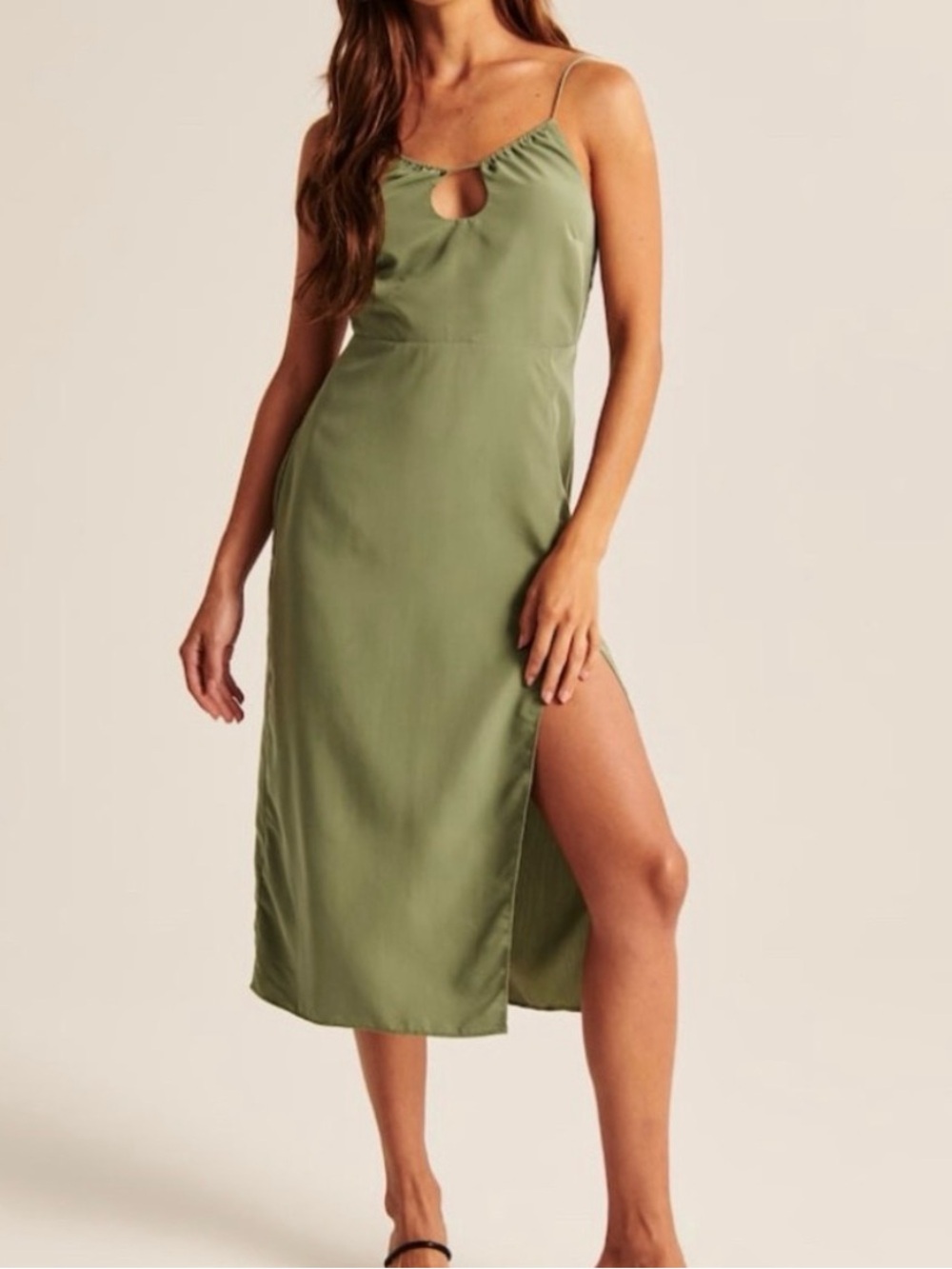 Olive Green Keyhole Slip Midi Dress